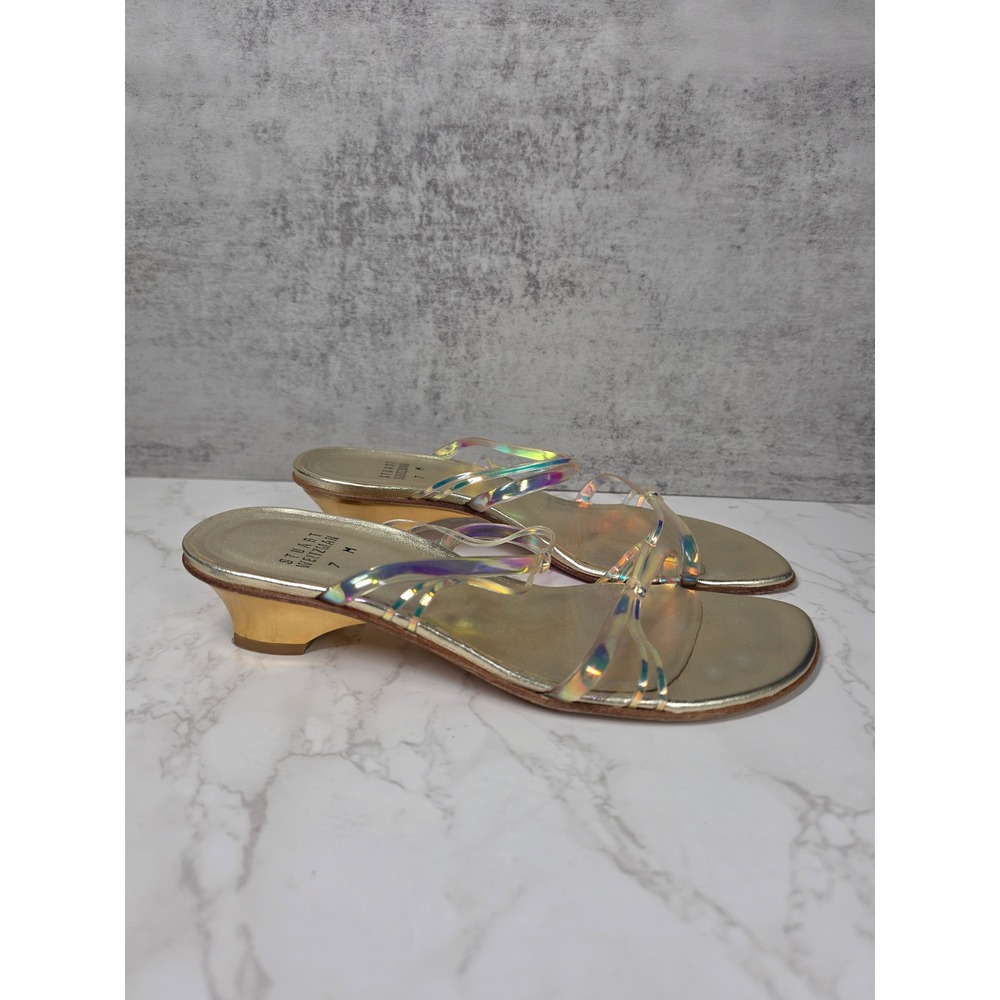 Stuart Weitzman Focus Gold Iridescent Holographic Kitten Heel Sandals 7M Y2K - Picture 12 of 12